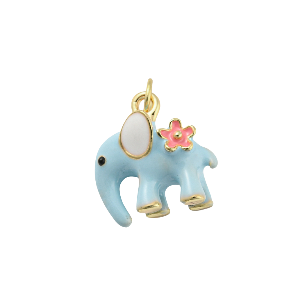 Blue elephant charm with a pink flower on a white background