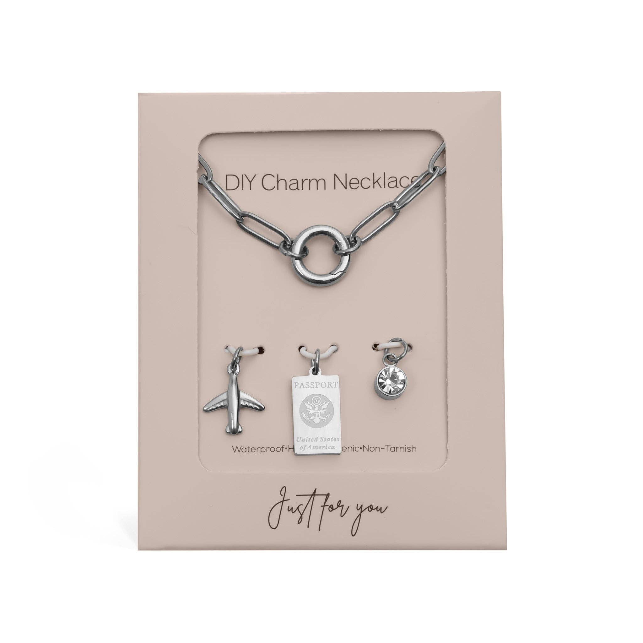 Gold Stainless Steel Travel Charm Holder Necklace Gift Set