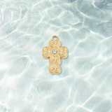 Gold Scrollwork Cross with Rhinestone Center Charm | Waterproof Stainless Steel