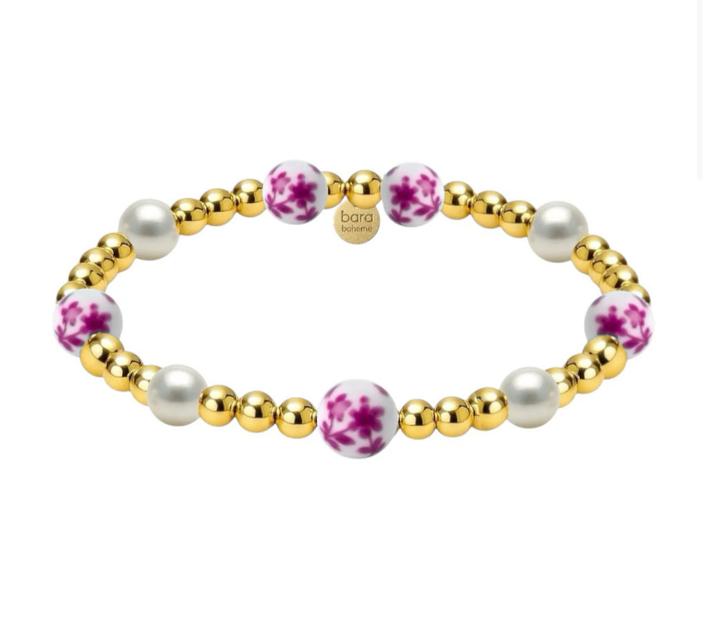CHERRY BLOSSOM | GOLD FILLED BEADED BRACELET WITH PORCELAIN