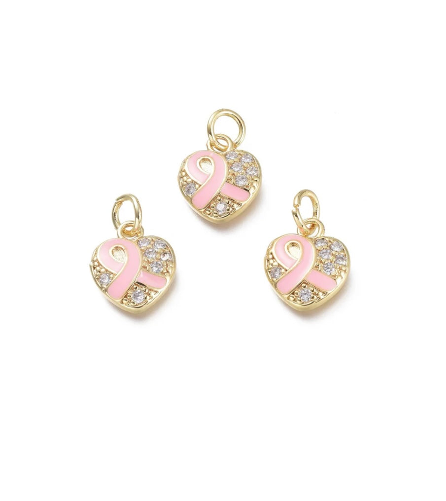 Gold Breast Cancer Ribbon Heart Charm