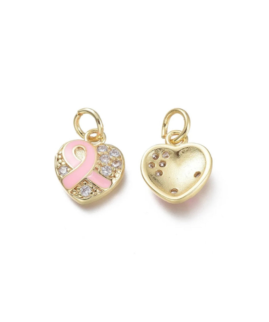 Gold Breast Cancer Ribbon Heart Charm