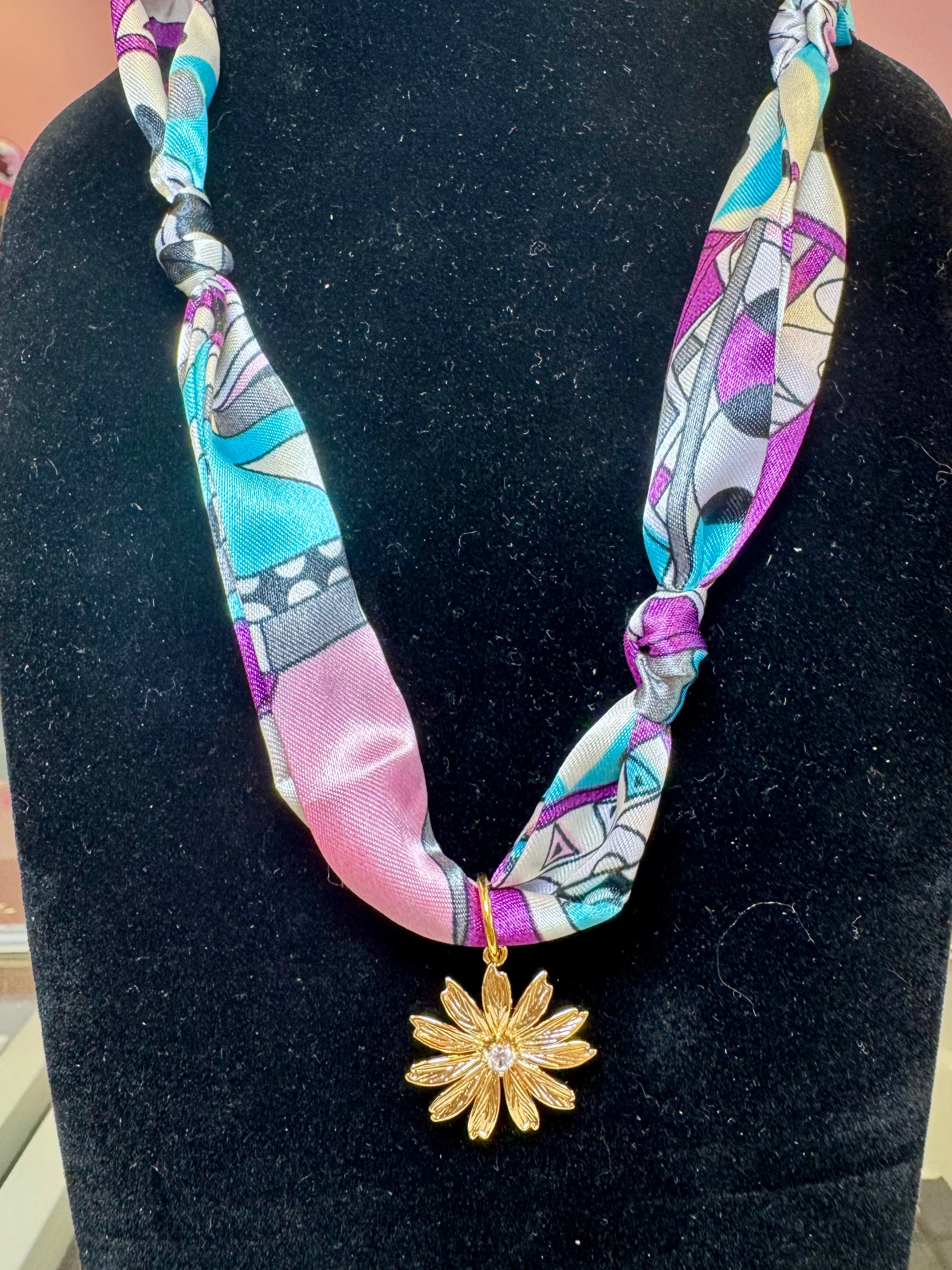 Scarf Necklace - Teal/Gold Flower