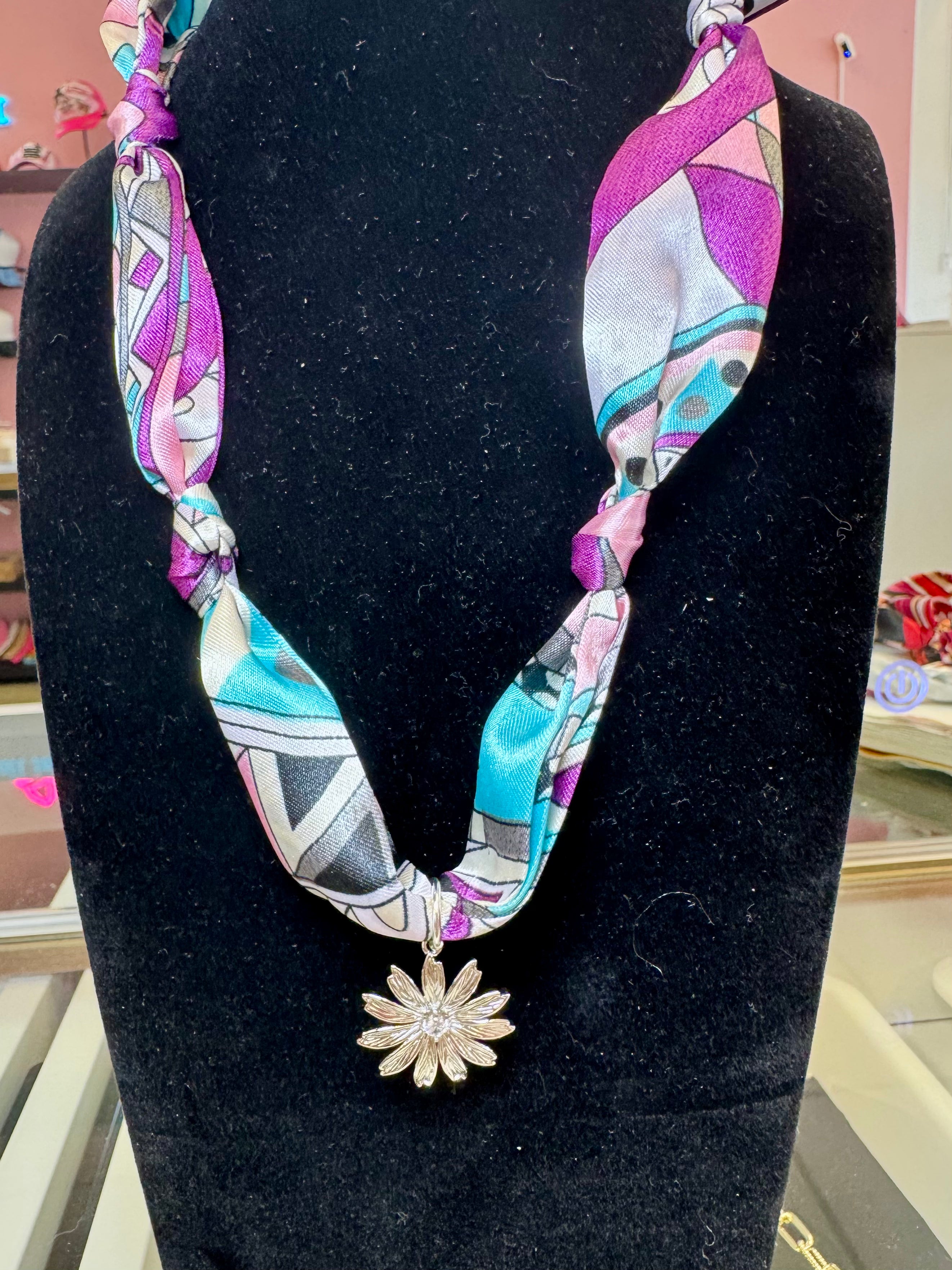 Scarf Necklace - Teal/Silver Flower