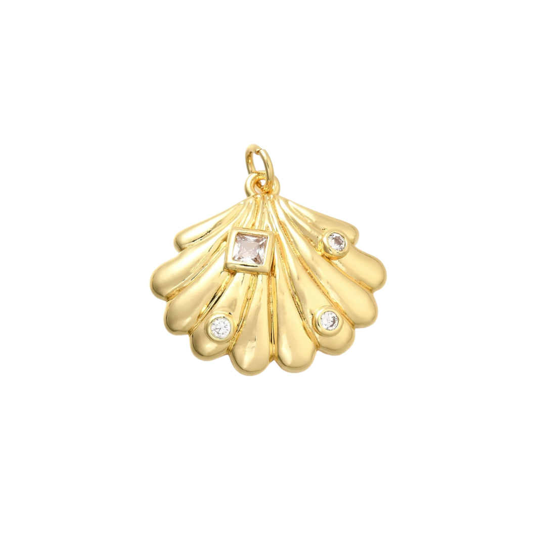 Front View of the Gold Lyra Shell with Cubic Zirconia Charm