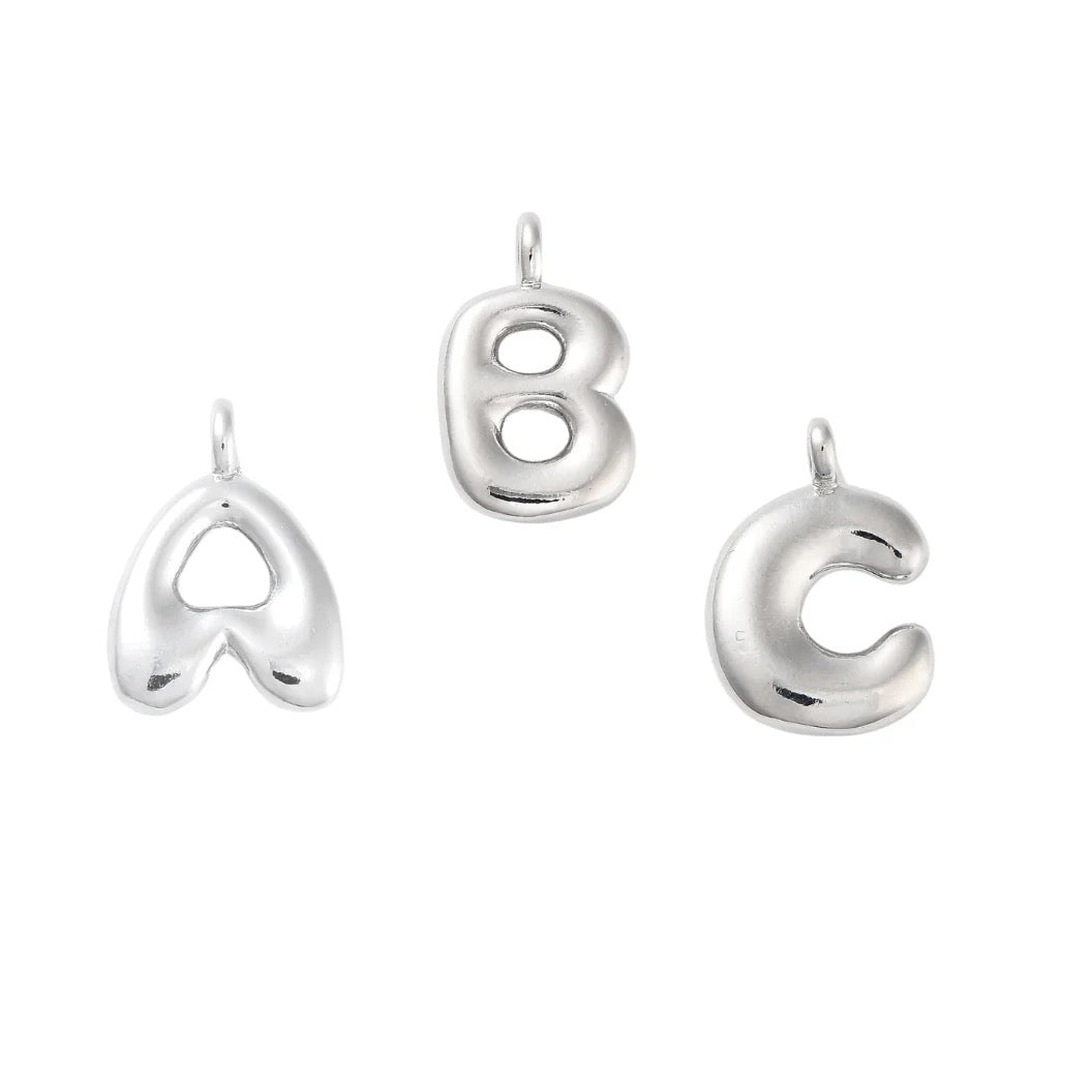 Front view of the Silver Bubble Initial Letter | Alphabet Charm in letters A, B, and C