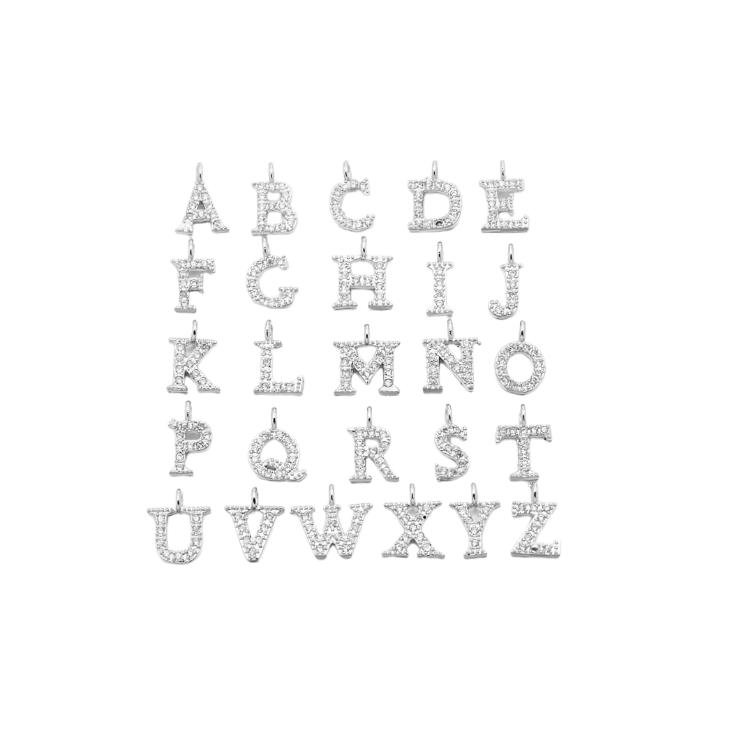 Front view of the Silver Micro Pave Clear Cubic Zirconia Initial Letter | Alphabet Charm