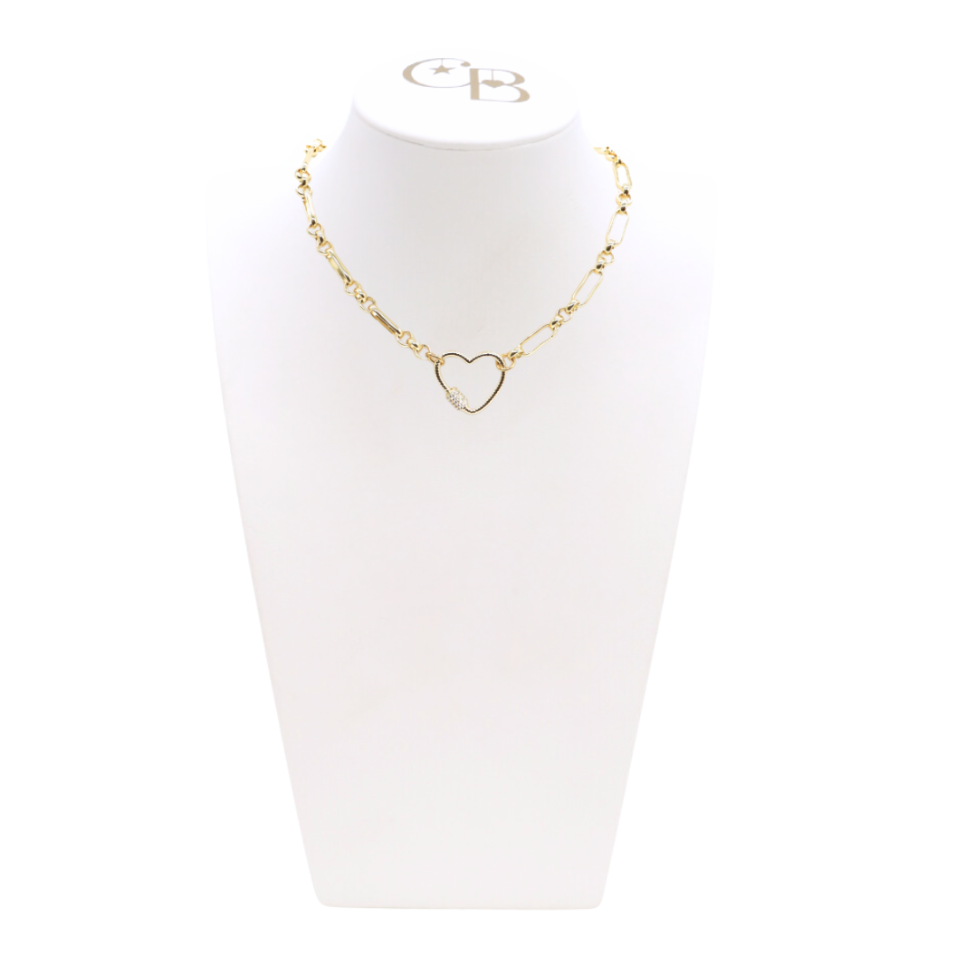 Front view of the Gold Anna Necklace with Heart Gabi Carabiner on CB Bust