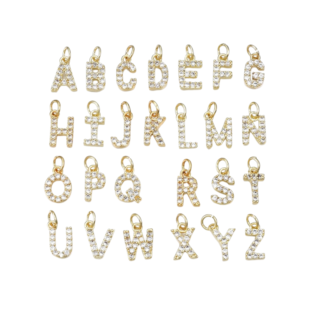 Front view of the Gold Micro Pave Clear Cubic Zirconia Initial Letter | Alphabet Charm Set