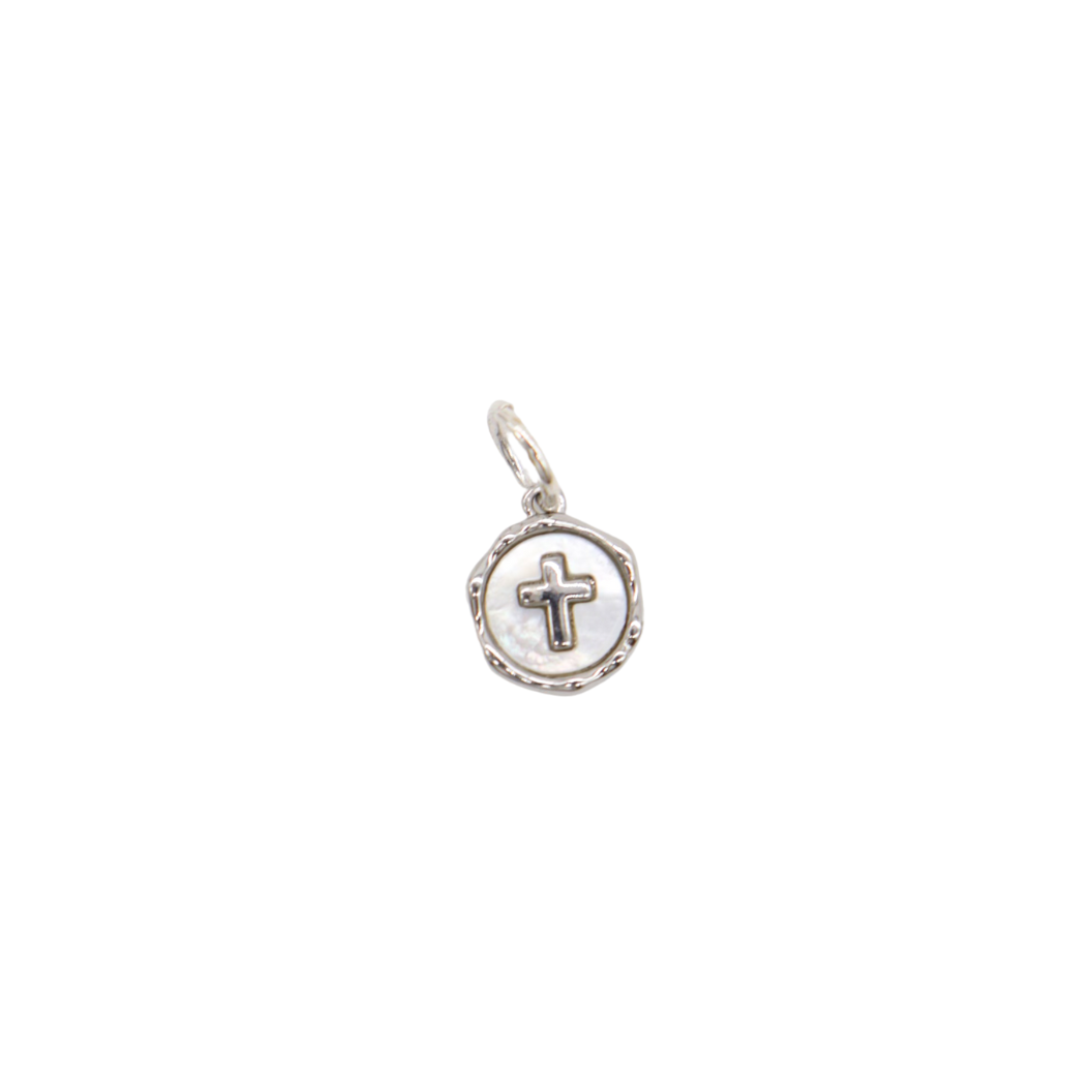 Front view of the Silver Pave Shell Cross Charm