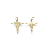 Two gold Caduceus Symbol Charms on white background, one front view, one back view.