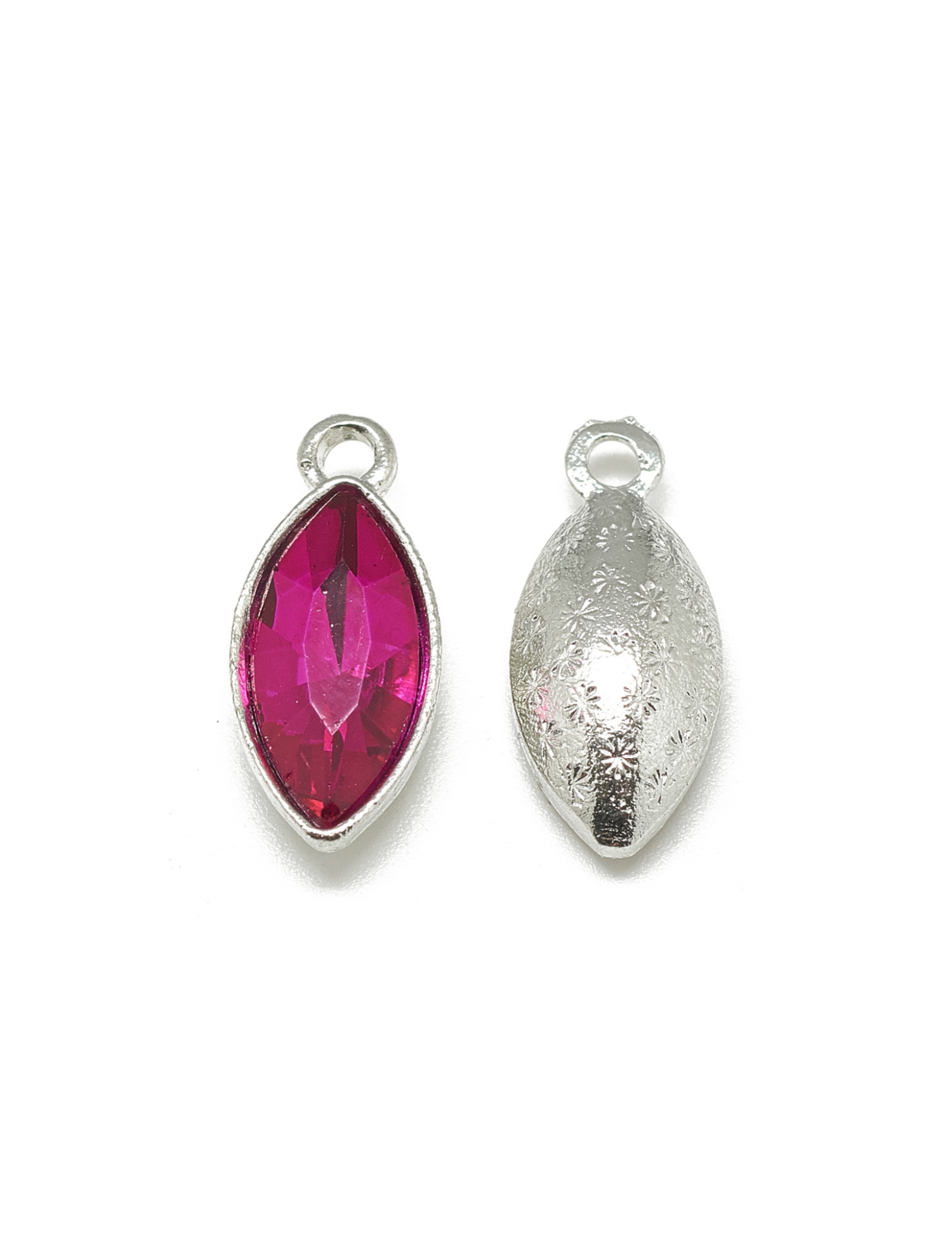 Fuchsia Marquise Colored Glass Charm, front and back view.