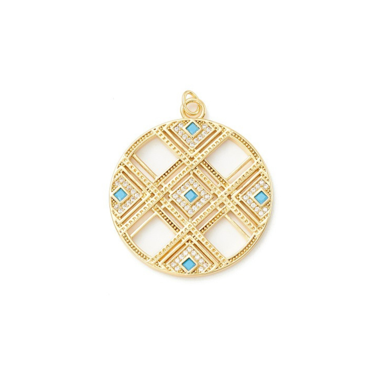 Front of Gold Micro Pave Clear and Cyan Pendant Charm
